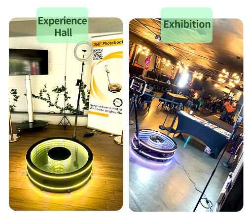 Two pictures of events with 360 camera booths